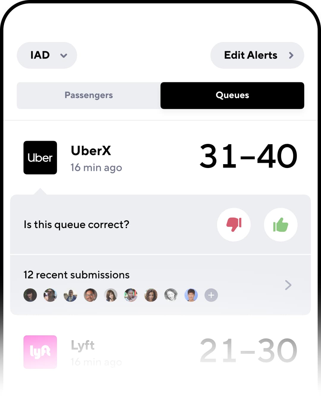 Uber and Lyft queues submitted by users at the airport.