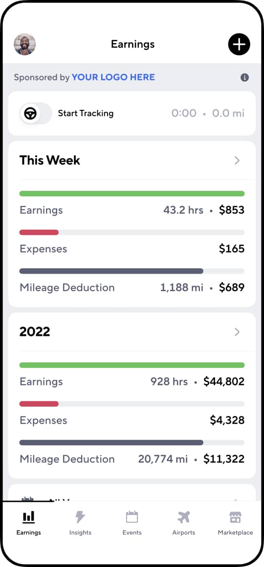 A screenshot of the Gridwise home tab featuring a sponsor logo at the top of the screen, above the rest of the weather, earnings, and airports cards.