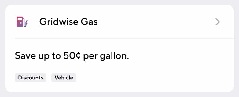 A card in the Gridwise app advertising Gridwise Gas.